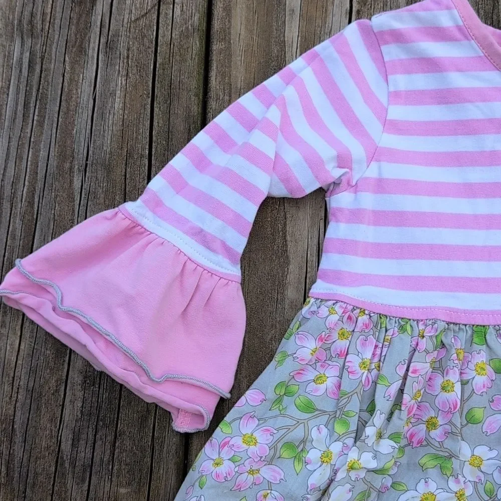 Three Sisters 18 Months Bell Sleeve Ruffle Skirt Dress Floral Pink White Stripes
